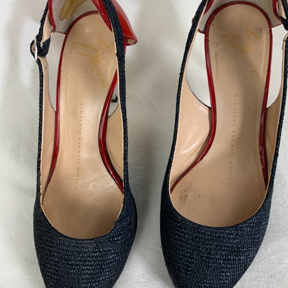 Giuseppe Zanotti Stiletto in Black Straw with Red & White Patent Heel - Picture 4 of 10